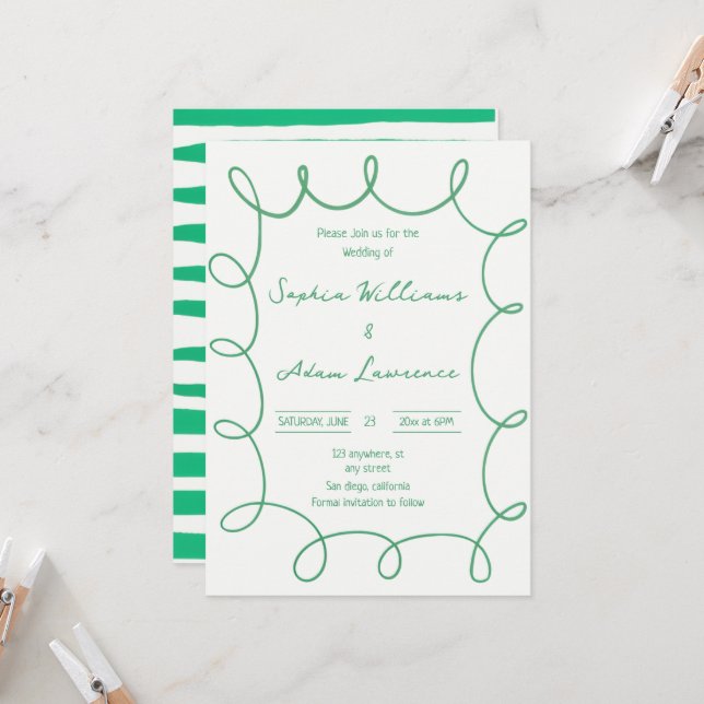 Green Hand Written Pinstripe Whimsical Wedding Inbjudningar (Fram/Back In Situ)