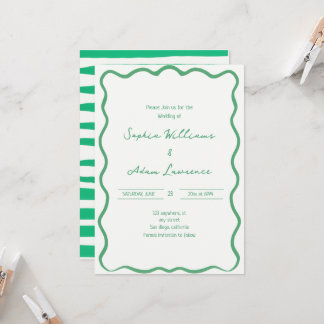 Green Hand Written Pinstripes Whimsical Wedding Inbjudningar