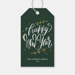 Green Happy New Year Modern Calligraphy Wreath Presentetikett