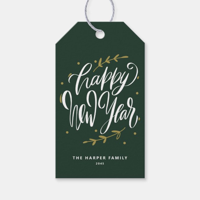Green Happy New Year Modern Calligraphy Wreath Presentetikett (Framsidan)