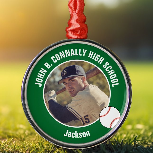 Green High School Baseball Player Photo Christmas Julgransprydnad Metall (Skapare uppladdad)