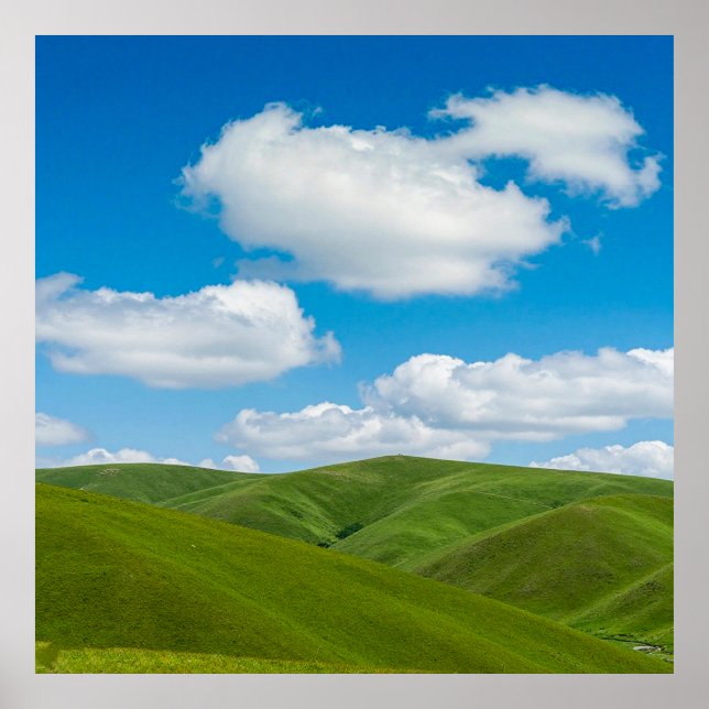 Green Hills with Blue Skies and White Clouds Poster (Framsidan)