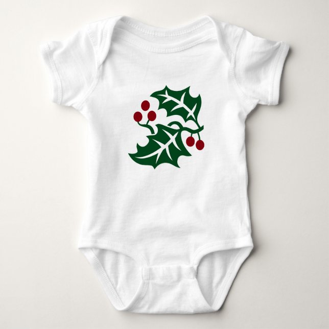 Green Holly and Red Berries Christmas Holiday T Shirt (Framsida)