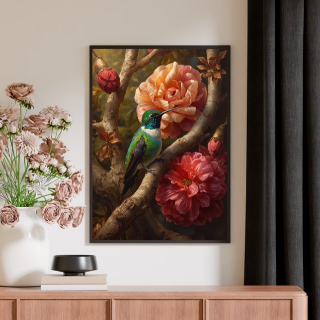 Green Hummingbird Oil Painting Floral Nature Canvastryck (Skapare uppladdad)