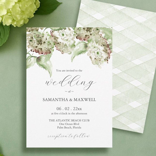 Green Hydrangea Informal Wedding Invitation Inbjudningar (Informal wedding invitations watercolor green hydrangeas by Victoria Grigaliunas of Do Tell A Belle)