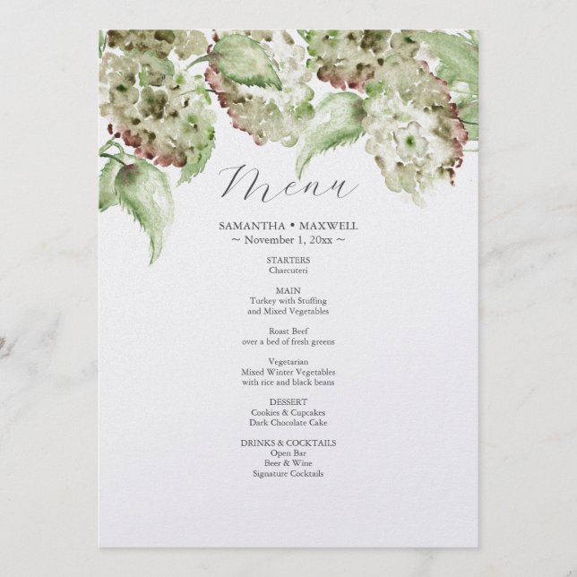 Green Hydrangea Wedding Decor Menus Meny (Framsida)