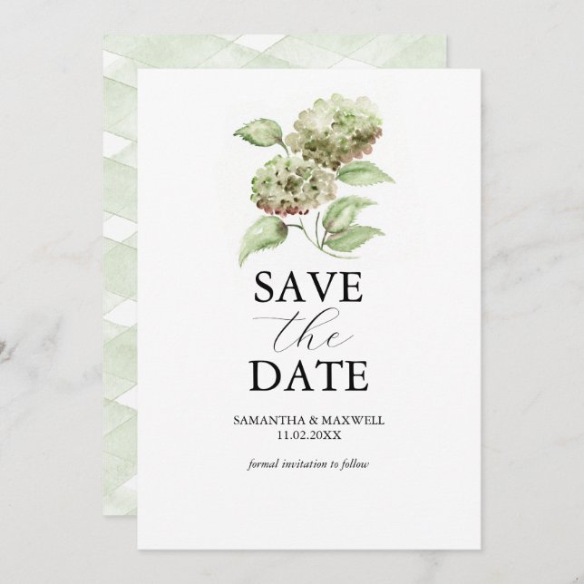 Green Hydrangea Wedding Save The Dates Spara Datumet (Fram/baksida)