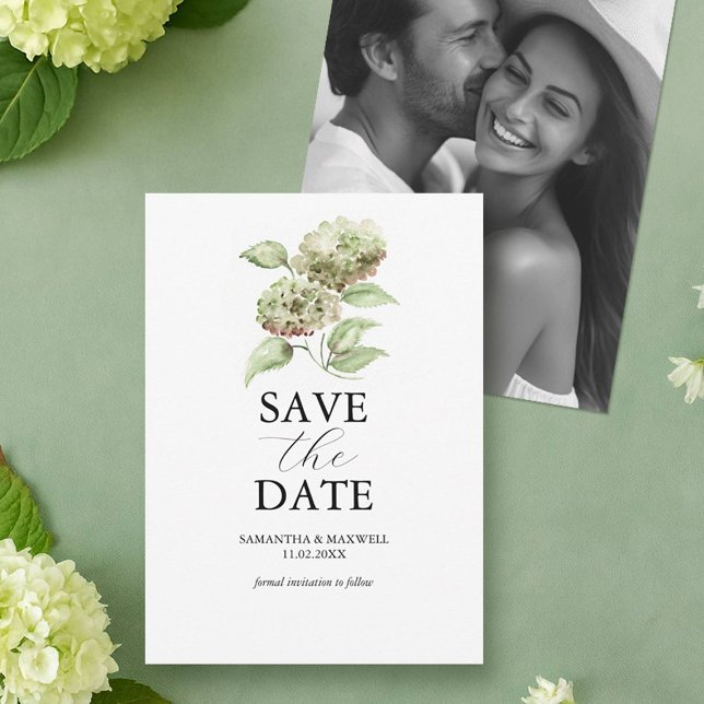 Green Hydrangea Wedding Save The Dates with Photo Spara Datumet (green hydrangea photo save the date with hand painted watercolor floral art Victoria Do Tell A Belle)
