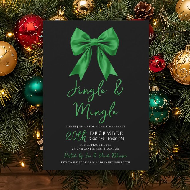 Green Jingle & Mingle Christmas Party Bow Black  Inbjudningar (Green Jingle & Mingle Christmas Party Bow Black Invitation)