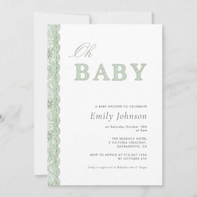 Green Lace Gender Neutral Baby Shower Invitation Inbjudningar (Framsida)