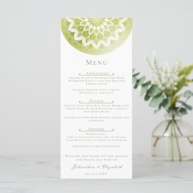 Green Lace Mandala Wedding Meny (Stående Fram)