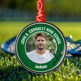Green Lacrosse Player Photo High School Christmas Julgransprydnad Metall