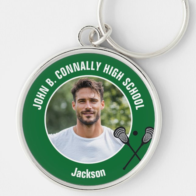 Green Lacrosse Player Photo High School Spirit Rund Silverfärgad Nyckelring (Framsidan)