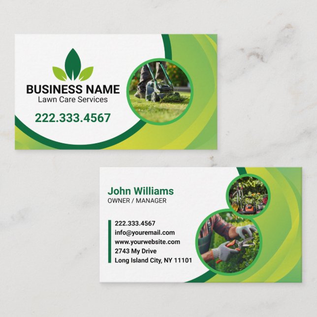 Green Leaf Lawn Care Logo Landskapsarkitektur Visitkort (Fram/baksida)