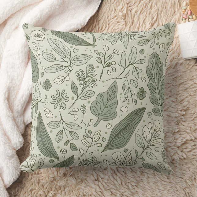 Green Leaf Pattern Throw Pillow | Botanical Nature Kudde (Filt)