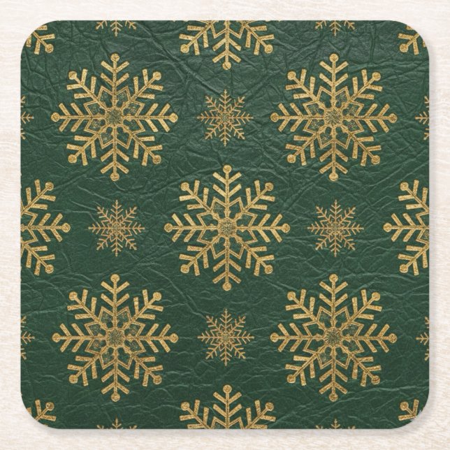 Green Leather Tooled with Gold Snowflakes Underlägg Papper Kvadrat (Framsidan)