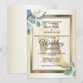 Green Leaves Flower Golden Frame Elegant Wedding Inbjudningar