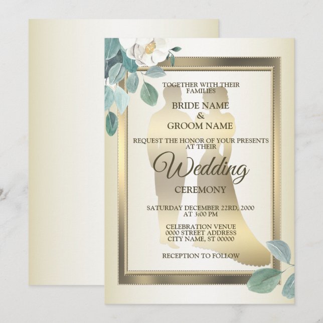 Green Leaves Flower Golden Frame Elegant Wedding Inbjudningar (Fram/baksida)