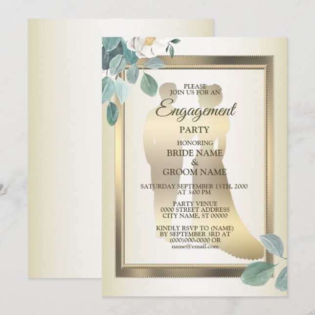 Green Leaves Flower Golden Frame Engagement Party Inbjudningar (Fram/baksida)