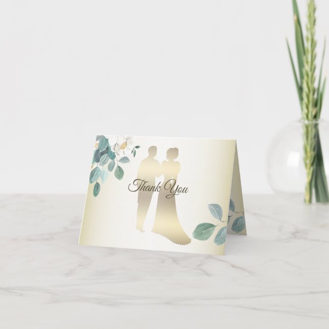 Green Leaves Flower Golden Frame Modern Wedding Tack Kort (Framsida)