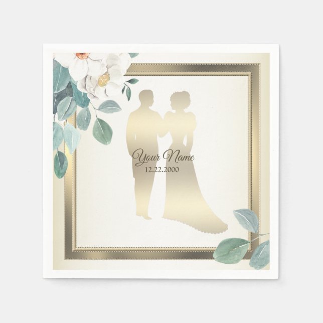 Green Leaves Flower Golden Frame Wedding Party Pappersservett (Framsidan)