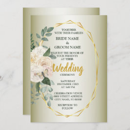Green Leaves Pink Floral Golden Geometric Wedding Inbjudningar