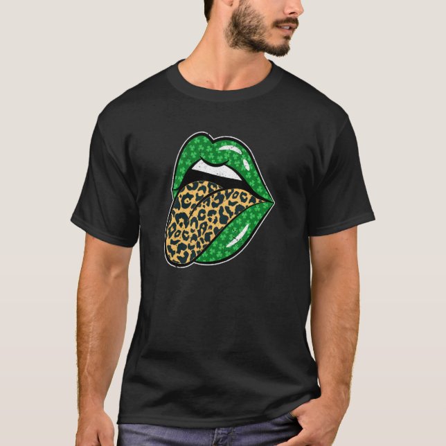 Green Lips Leopard Print Tongue Out St Patricks Da T Shirt (Framsida)