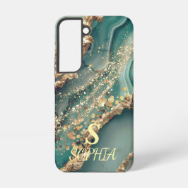 Green marble chic gold glitter monogram