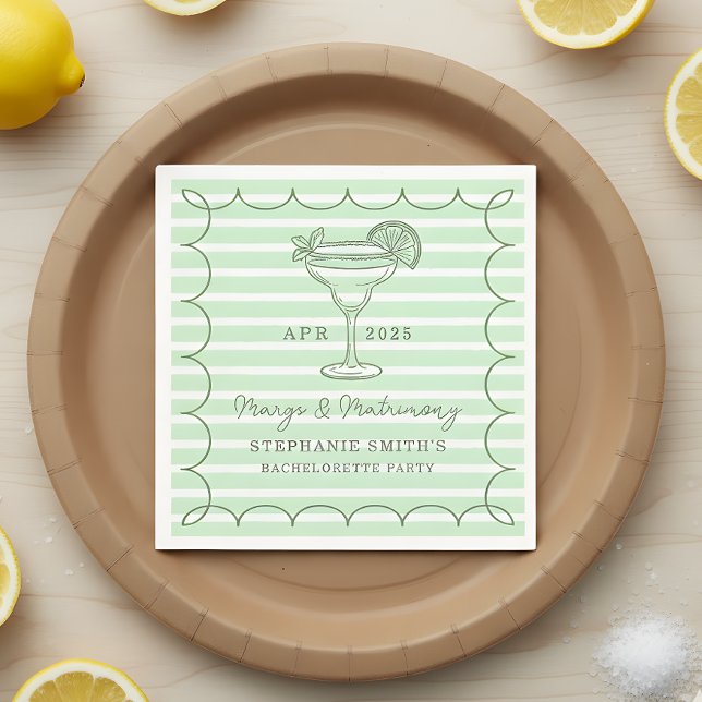 Green Margs and Matrimony Bachelorette Party  Pappersservett (Set the tone for a lively pre-wedding celebration with this mint green “Margs & Matrimony” design.)
