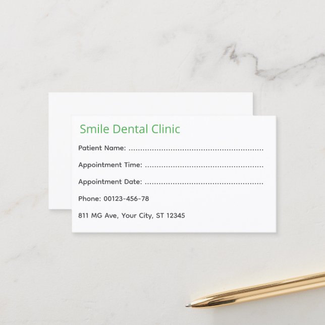 Green Medical Dental Appointment Card Tidsbeställning Kort (Fram/Back In Situ)