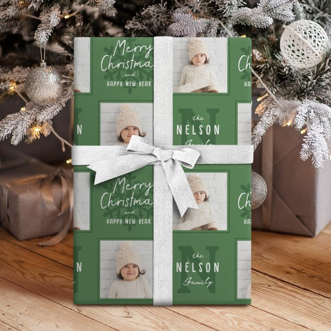 Green Merry Christmas Calligraphy Family 2 photo Presentpapper (Green Merry Christmas Calligraphy Family 2 photo Wrapping Paper)