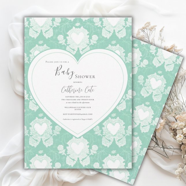 Green Mint Floral Whimsical Heart Baby Shower  Inbjudningar (Skapare uppladdad)