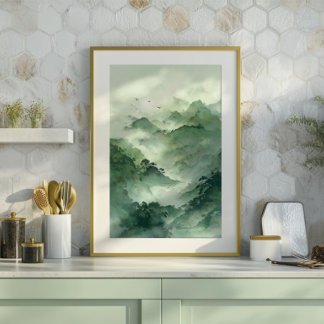 Green Misty Mountain Landscape Art Canvastryck
