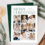 Green Modern Christmas 9 Photo Collage Julkort<br><div class="desc">Modern Christmas photo card featuring "Merry Christmas" displayed at the top of the design in trendy green lettering with a white background. A photo collage of 9 photos is shown below in a grid-style layout. Personalize the multi-photo Christmas card with your family name. The card reverses to display a green...</div>