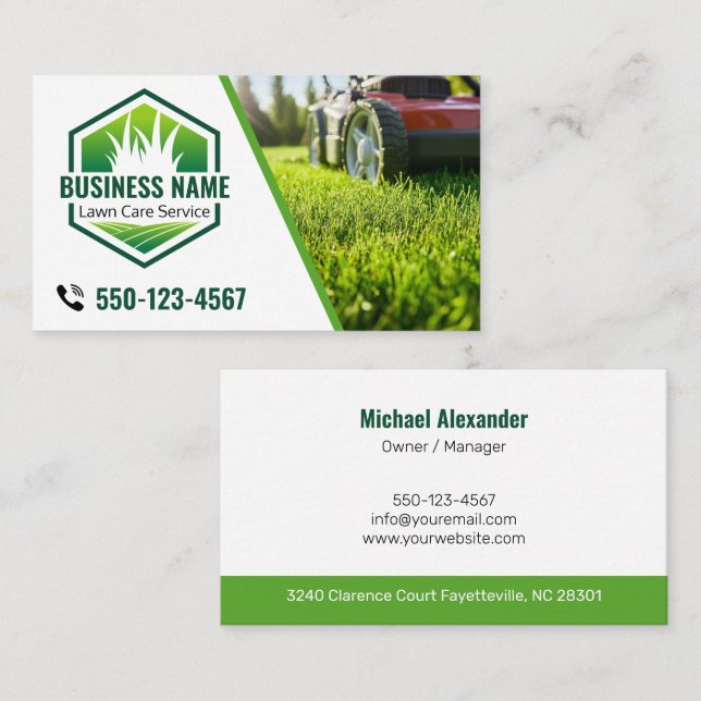 Green Modern Lawn Care Landscaping Photo Visitkort (Fram/baksida)