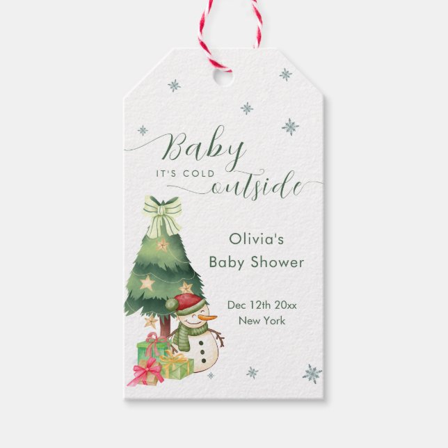 Green Modern Winter Snowman Baby Shower Presentetikett (Framsidan)