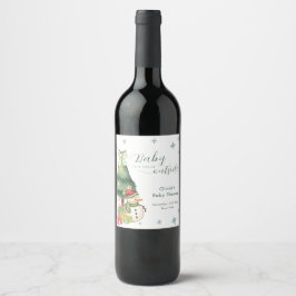 Green Modern Winter Snowman Baby Shower Vinflaska Etikett