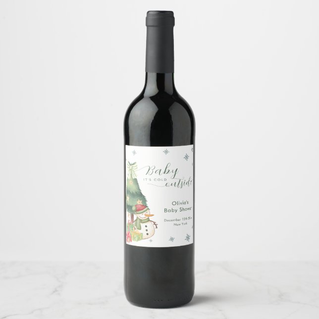 Green Modern Winter Snowman Baby Shower Vinflaska Etikett (Framsida)