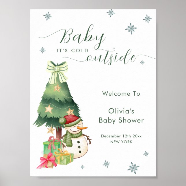 Green Modern Winter Snowman Baby Shower Welcome Poster (Framsidan)