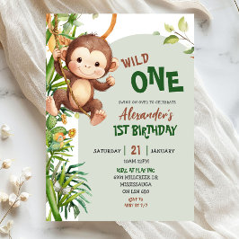 Green Monkey Wild One Safari First Birthday Inbjudningar