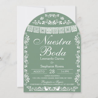 Green Nuestra Boda Papel Picado Spanish Wedding Inbjudningar
