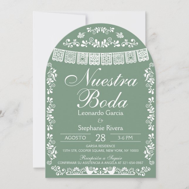 Green Nuestra Boda Papel Picado Spanish Wedding Inbjudningar (Framsida)