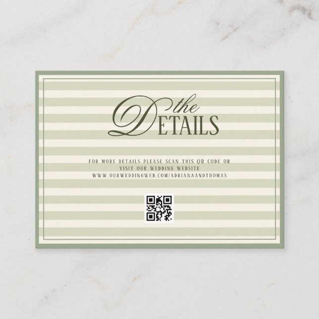 Green Old Money Wedding QR code Details Tilläggskort (Framsida)