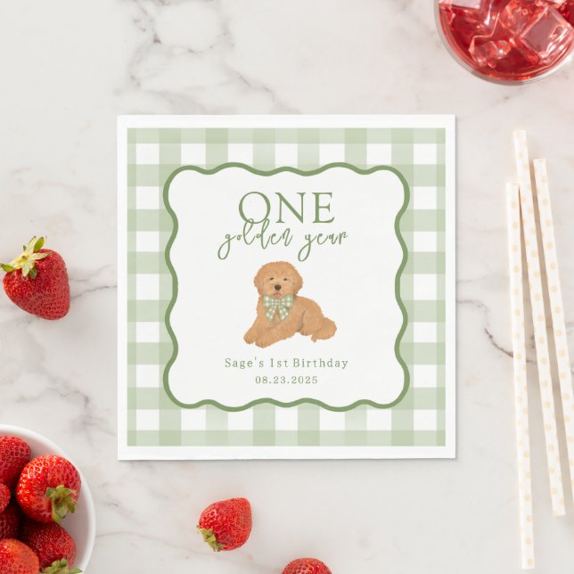 Green One Golden Year Goldendoodle Birthday Pappersservett (Insitu)