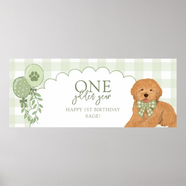 Green One Golden Year Goldendoodle Puppy Birthday Poster (Framsidan)