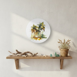 Green palm trees with coconuts water color tropics stor klocka