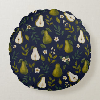 Green Pear Watercolor Pattern on Dark Blue Rund Kudde