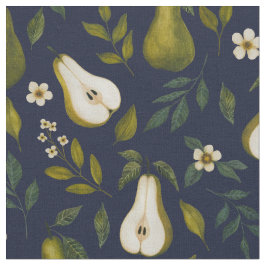 Green Pear Watercolor Pattern on Dark Blue  Tyg