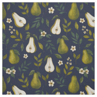 Green Pear Watercolor Pattern on Dark Blue Tyg