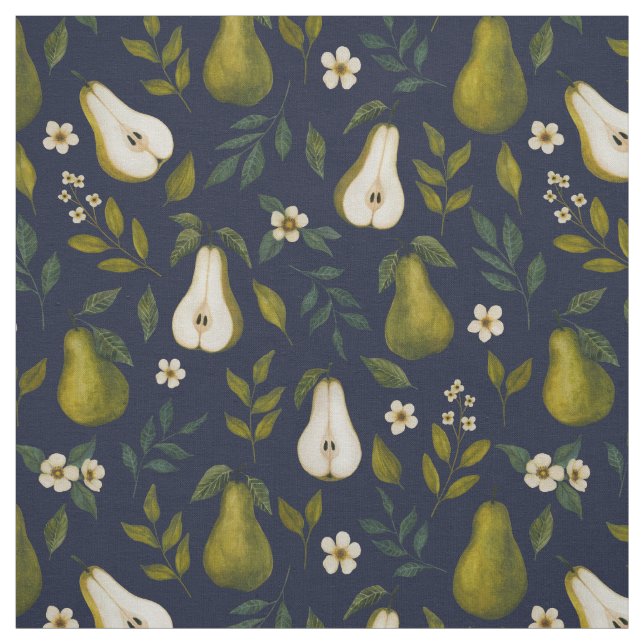 Green Pear Watercolor Pattern on Dark Blue  Tyg (Provkarta)
